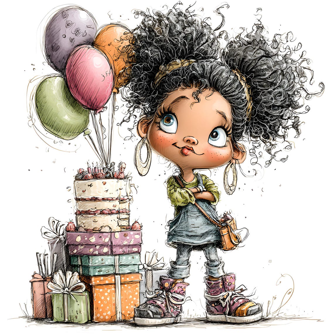 Birthday Clipart JPG Bundle – Curly Girl Cartoon Illustrations (30 JPEGs)