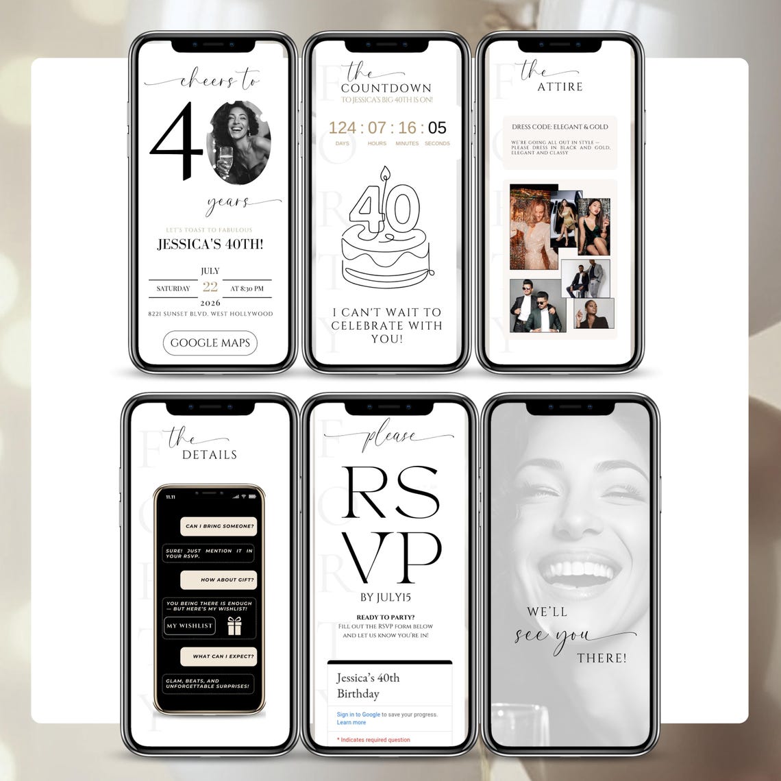 Elegant Digital Invitation Template – 40th Birthday Celebration (Editable Canva/MP4)