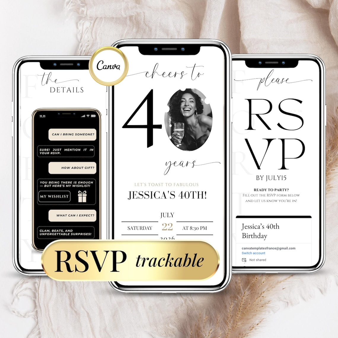 Elegant Digital Invitation Template – 40th Birthday Celebration (Editable Canva/MP4)