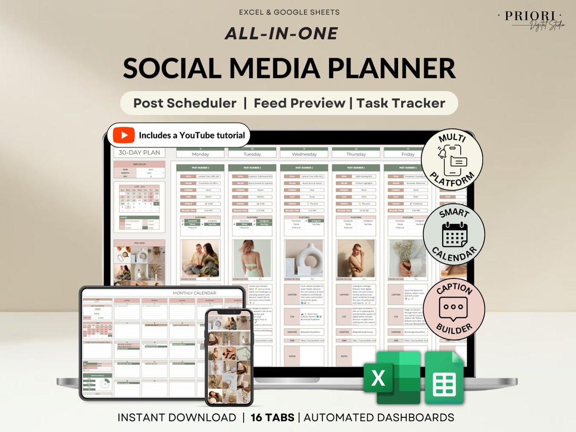 Social Media Content Planner – Editable Digital Download for Creators
