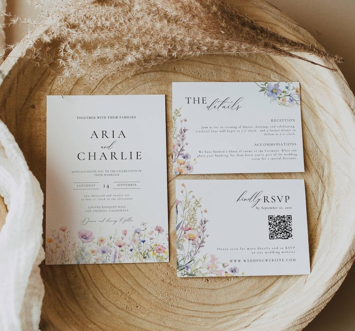 “Summer Wildflower Wedding Invitation – Whimsical Floral Template with QR Code”