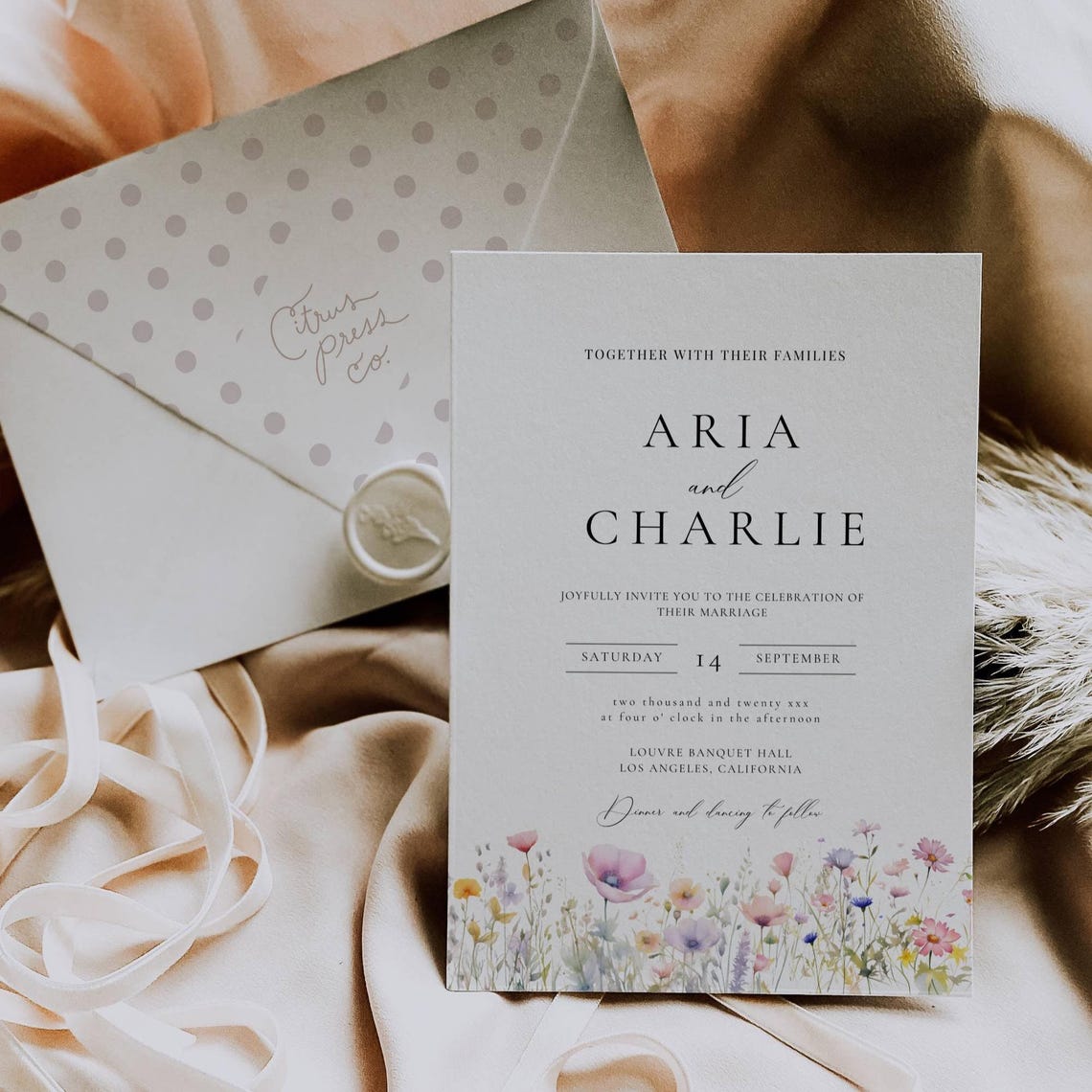 “Summer Wildflower Wedding Invitation – Whimsical Floral Template with QR Code”