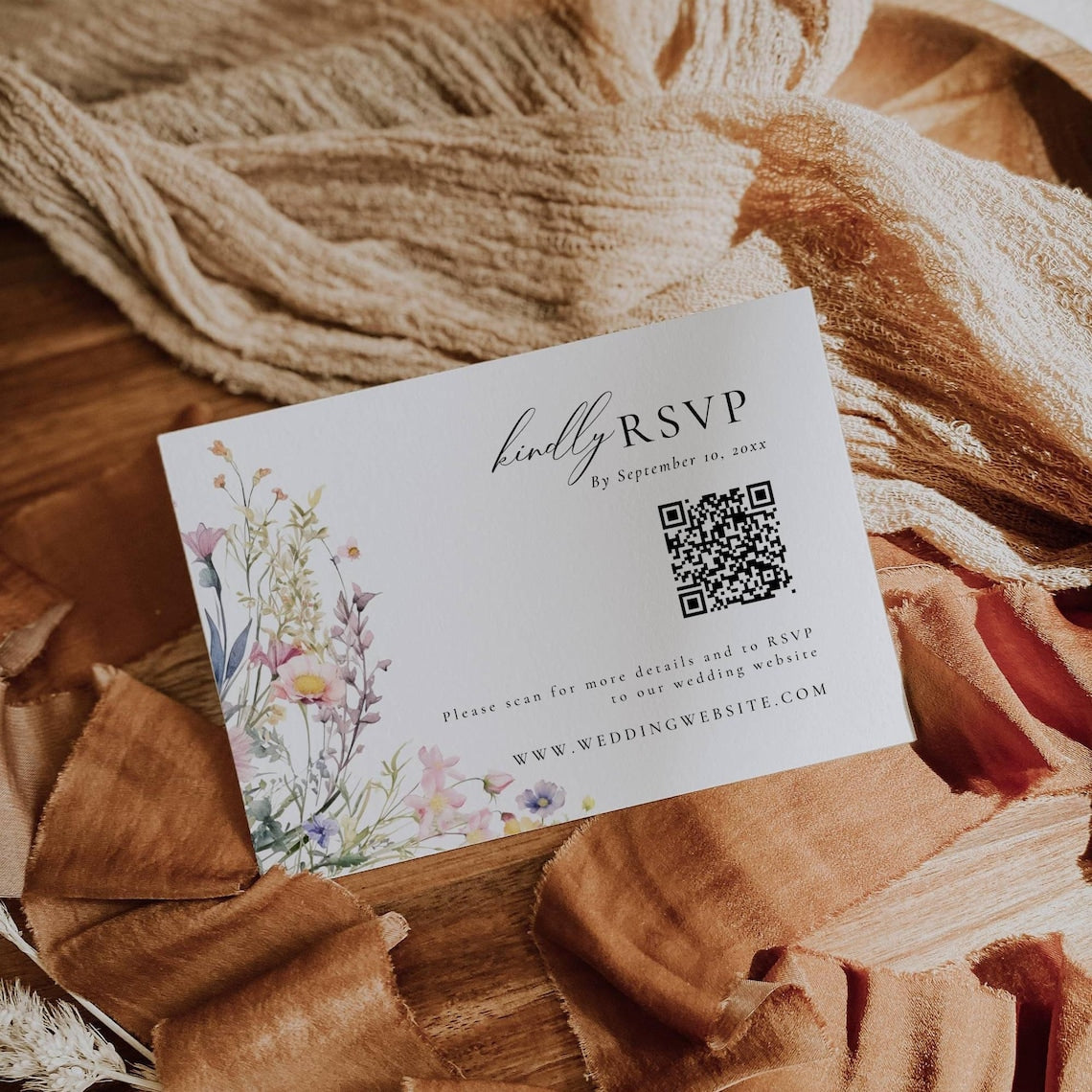 “Summer Wildflower Wedding Invitation – Whimsical Floral Template with QR Code”