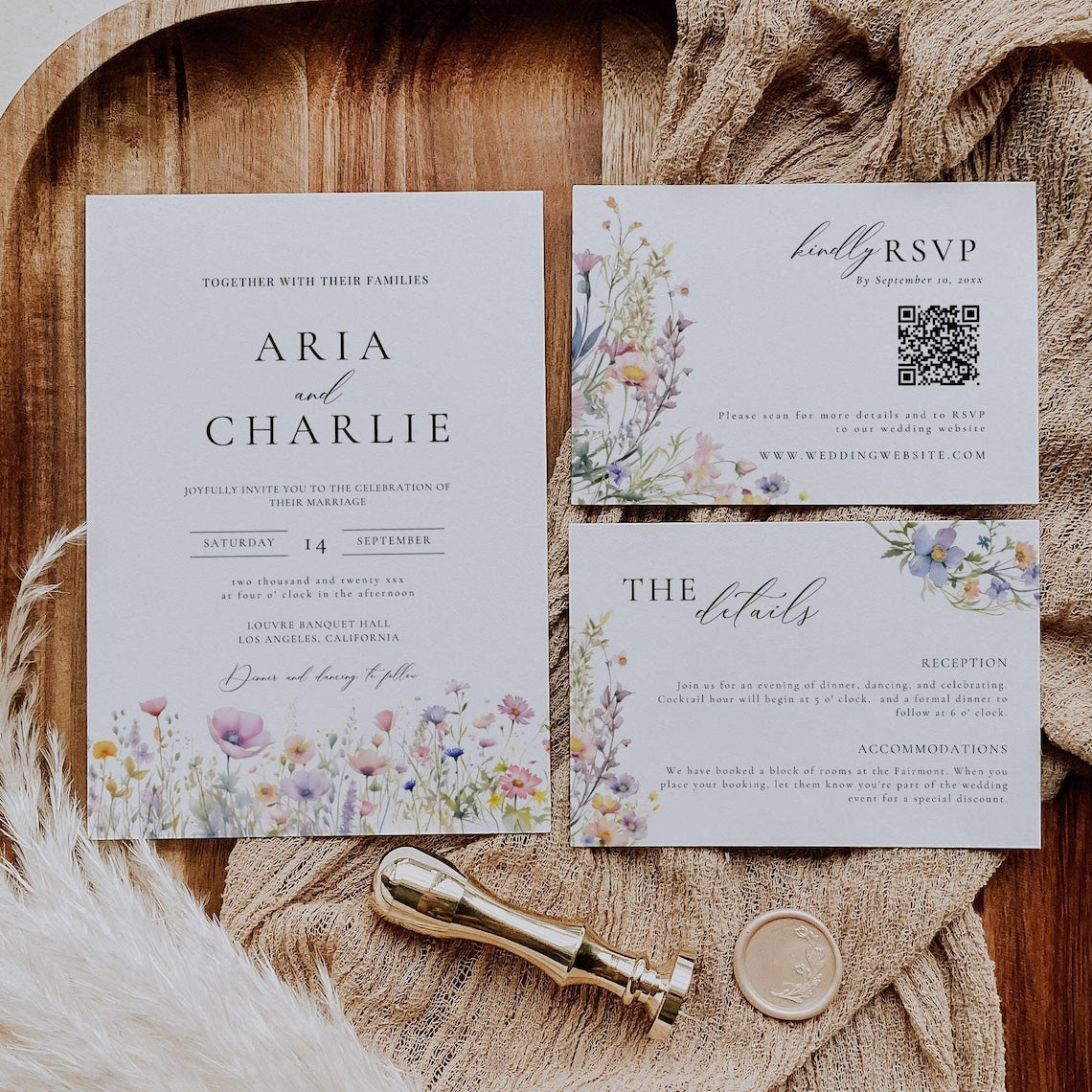“Summer Wildflower Wedding Invitation – Whimsical Floral Template with QR Code”