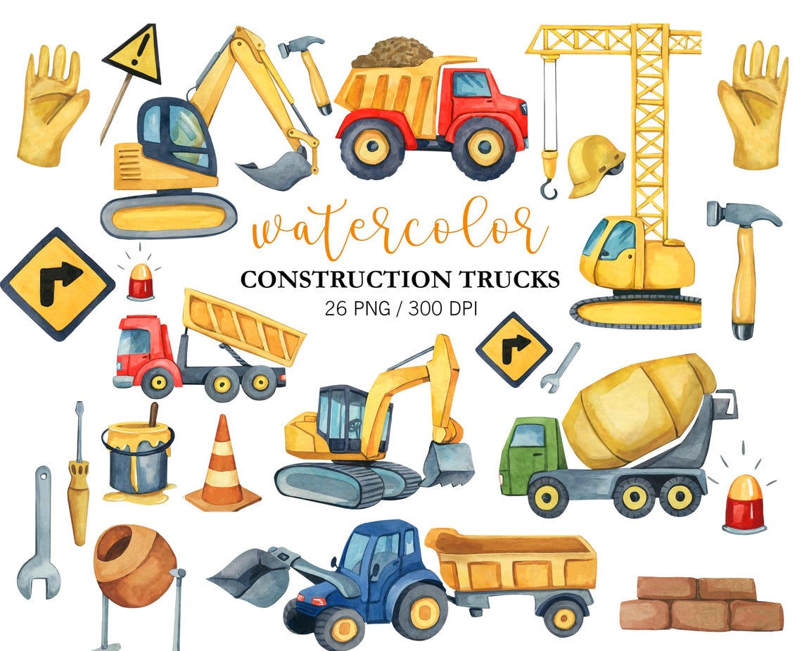 Watercolour Construction Clipart Bundle – Digital Download of Building & Vehicle Illustrations