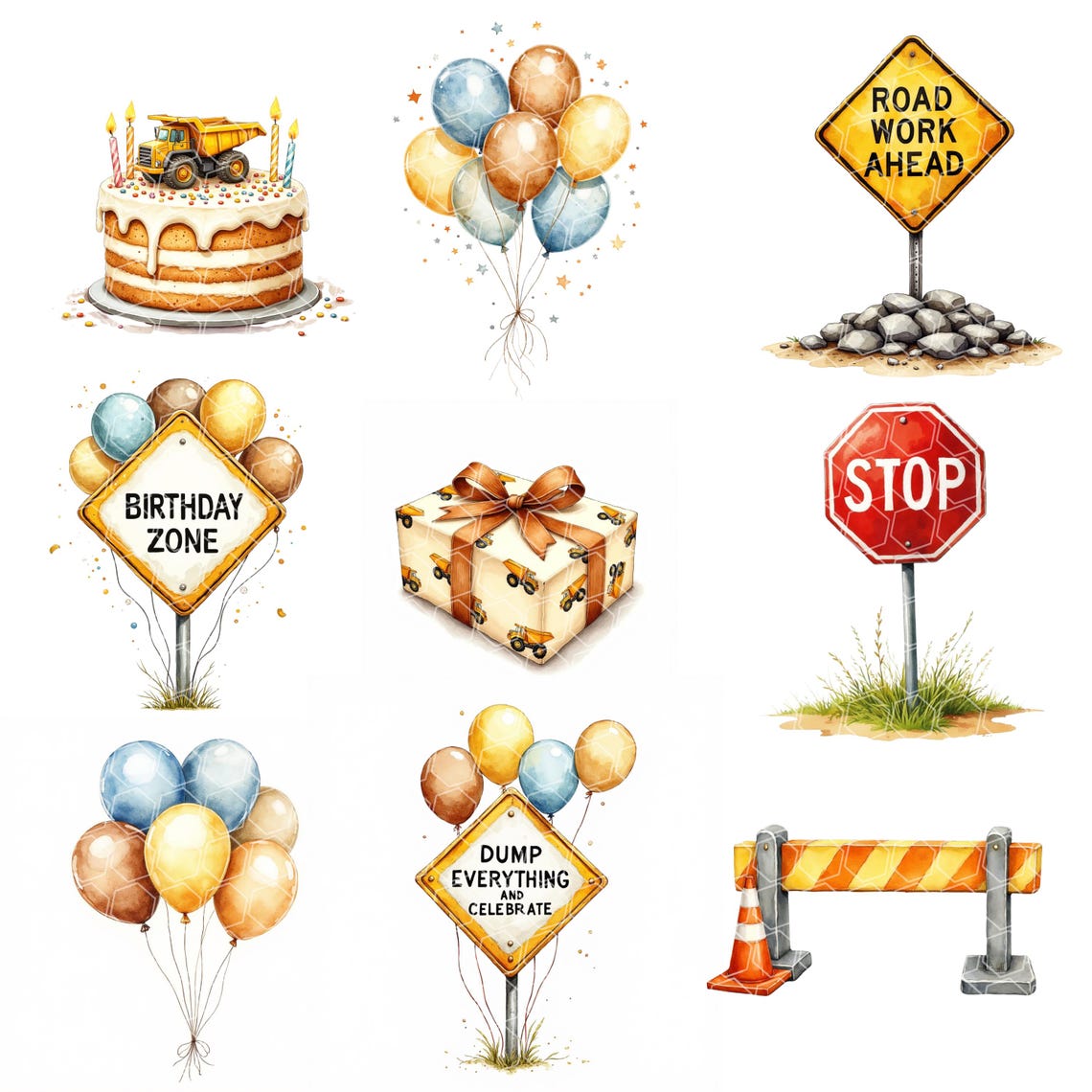 Construction-Theme Birthday Clipart Bundle – Kids Party Graphics Instant Download