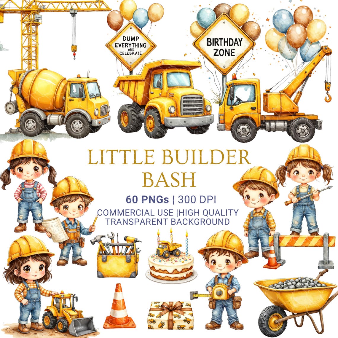 Construction-Theme Birthday Clipart Bundle – Kids Party Graphics Instant Download