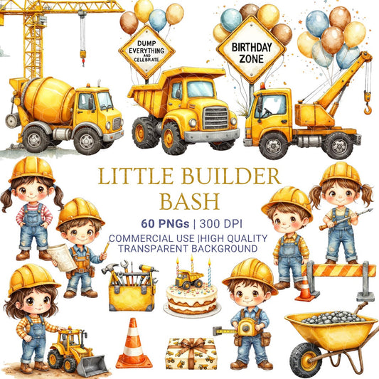 Construction-Theme Birthday Clipart Bundle – Kids Party Graphics Instant Download