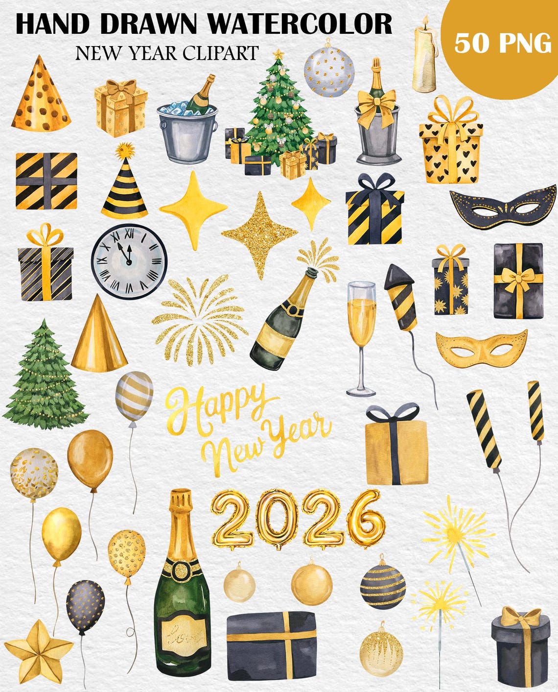Watercolor New Year Clipart PNG Bundle – Festive Holiday Illustrations, Instant Download