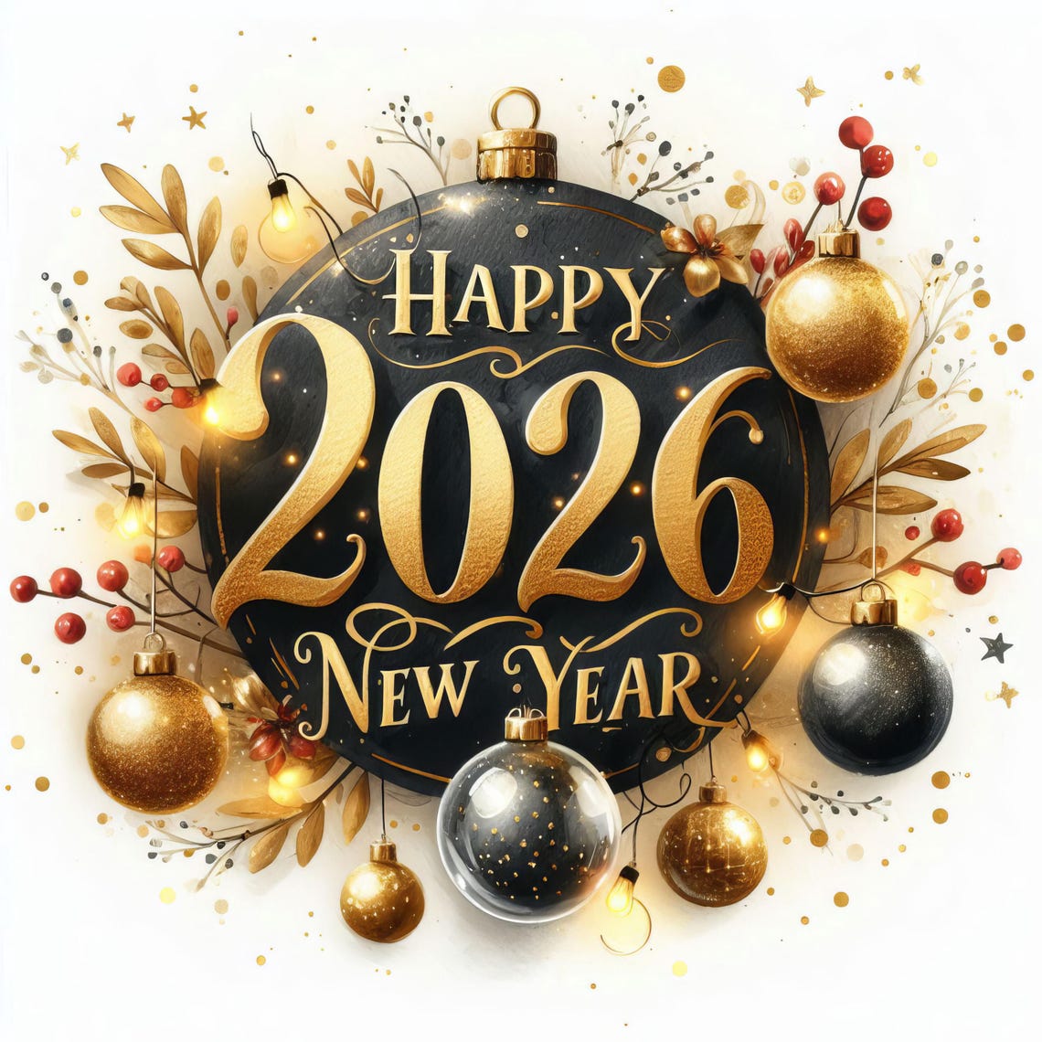 Watercolor New Year 2026 Clipart JPG Set – 10 Festive Illustrations, Instant Download