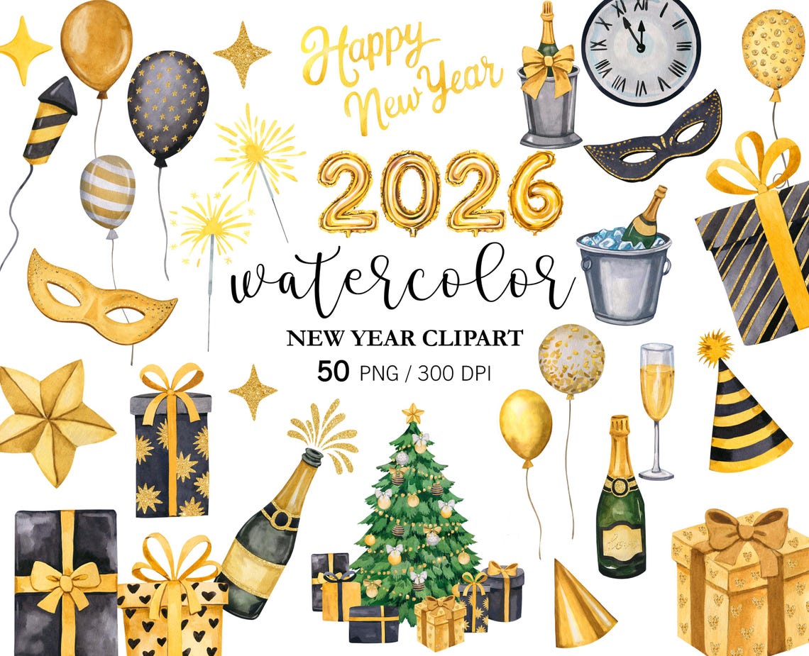 Watercolor New Year Clipart PNG Bundle – Festive Holiday Illustrations, Instant Download