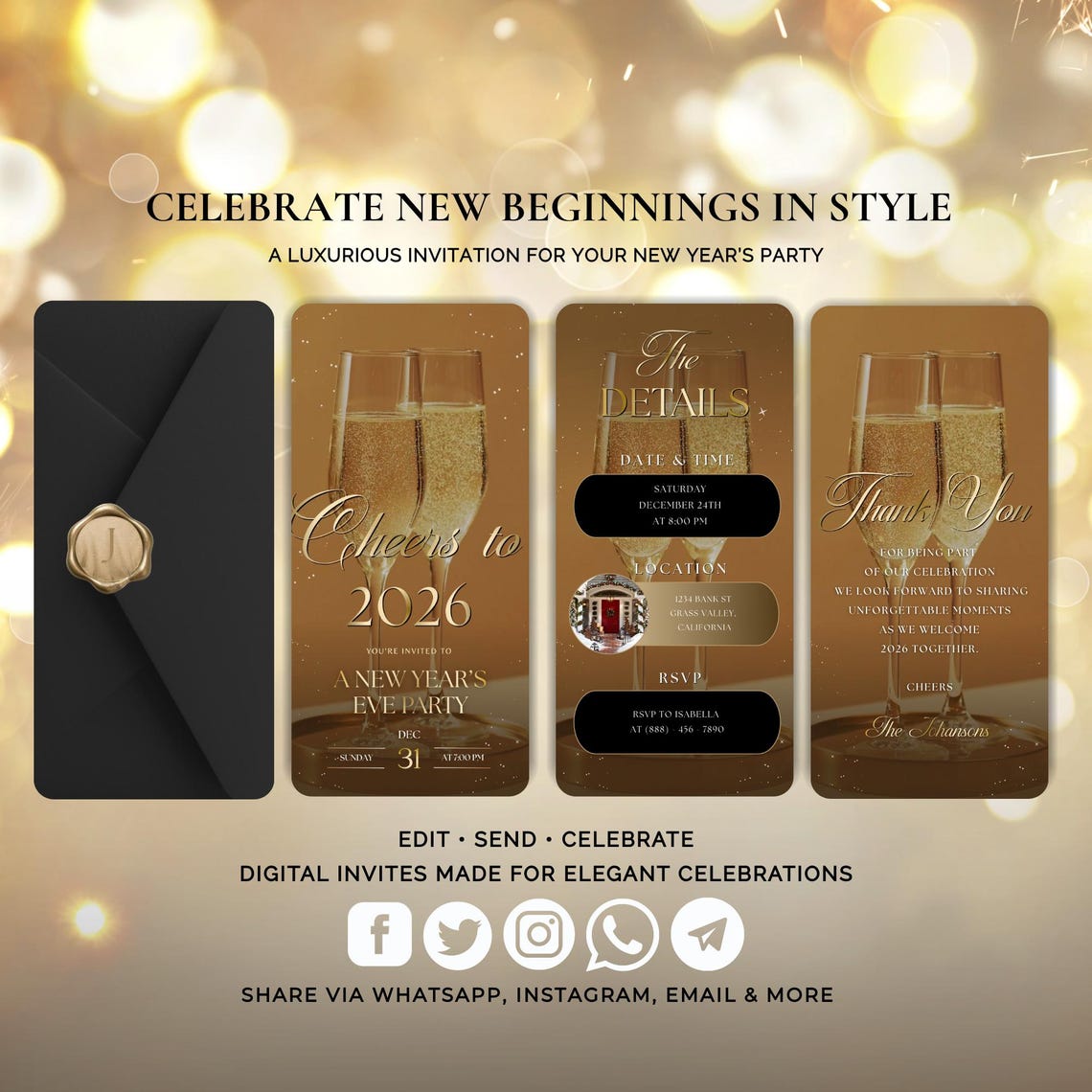 Animated New Year Invitation Template – Digital Editable Video Greeting