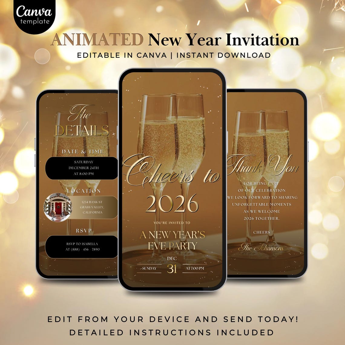 Animated New Year Invitation Template – Digital Editable Video Greeting